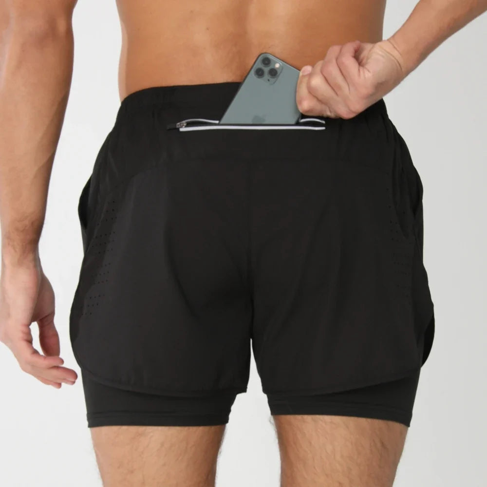 Fast-dry men's 2-in-1 running shorts - lightweight lined, polyester, for gym and summer training