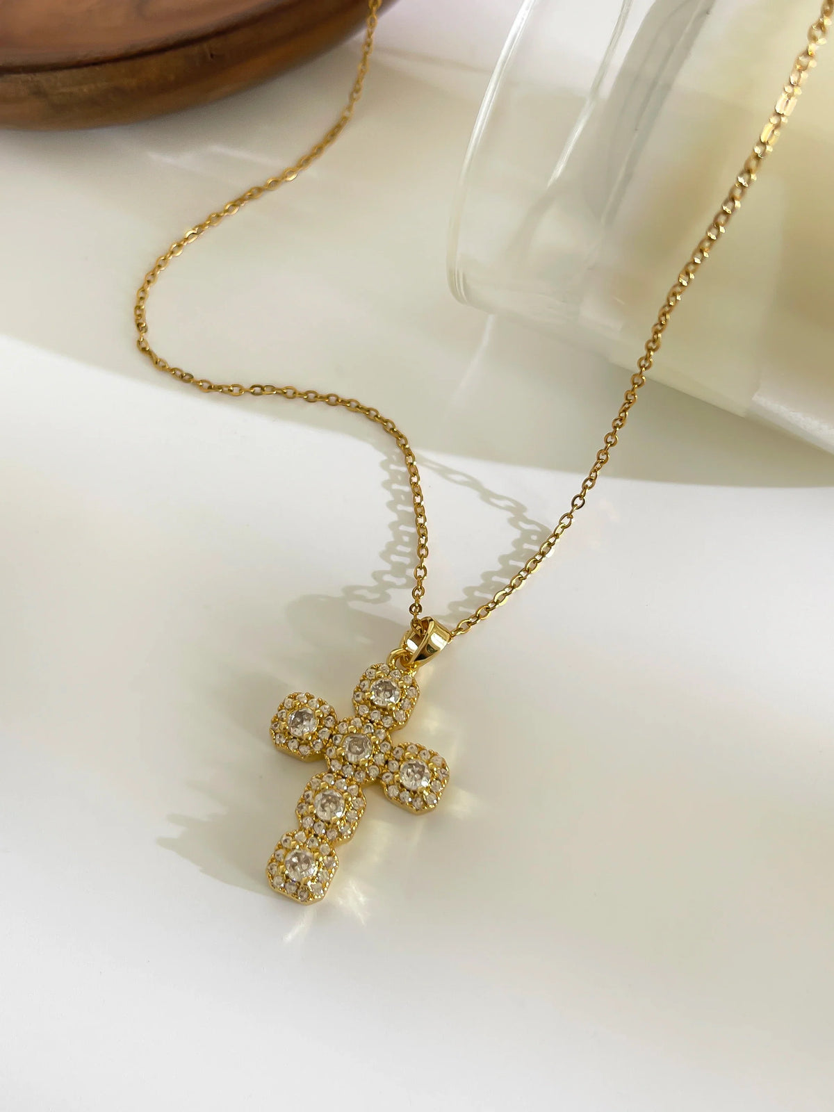 Pendant Cross Necklace Gold Tone - Cubic Zirconia Jewelry, Stainless Steel Chain, Fall 2026 Gift Idea