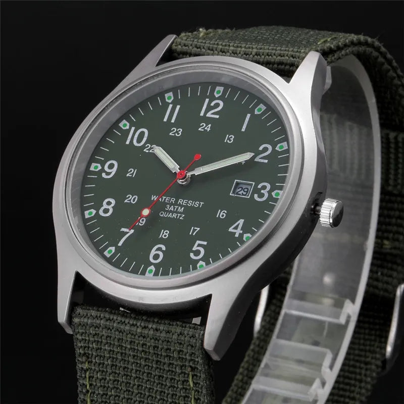 Field Quartz Watch Nylon Strap Military Style Date Luminous