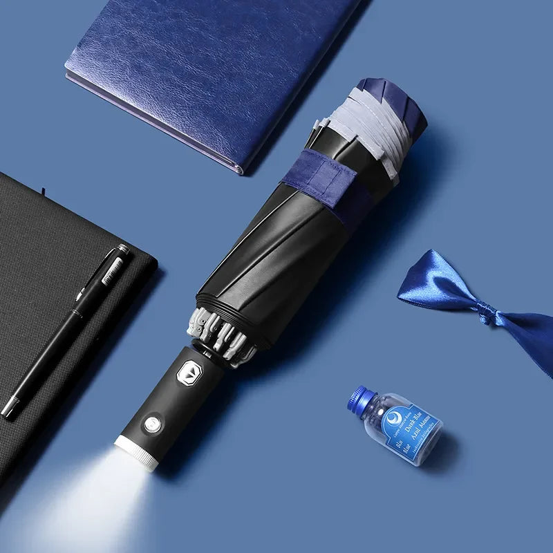 Fully Automatic Folding Water-Resistant Umbrella with LED Flashlight and UV Sunshade for Rain and Wind Resistance