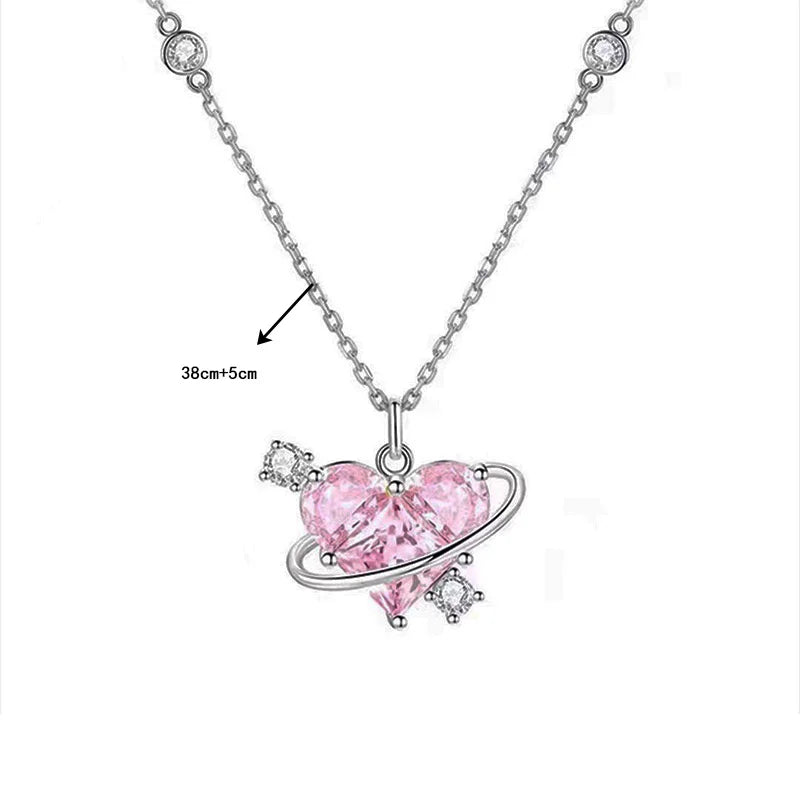 Pendant Zircon Necklace Pink Planet Heart Valentines Day Gift 2026 Aesthetic Jewelry