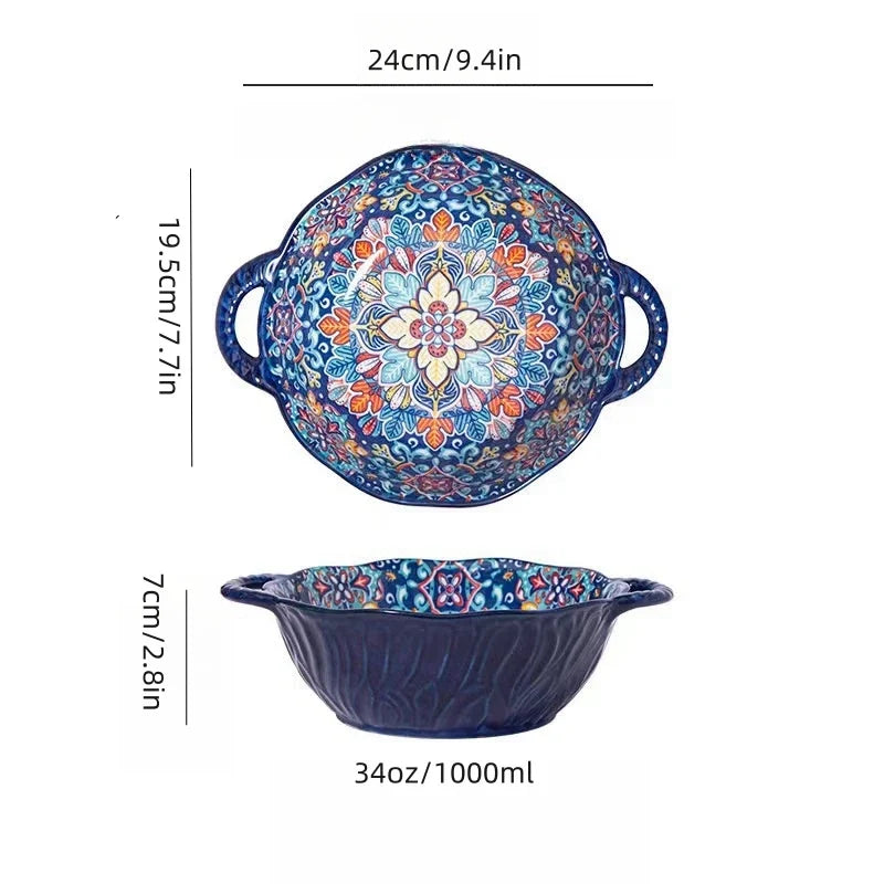 Soup Ceramic Bowl Bohemian Handle Embossed Microwave