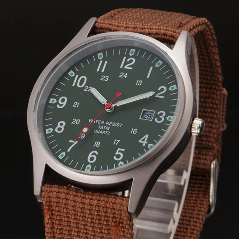 Field Quartz Watch Nylon Strap Military Style Date Luminous