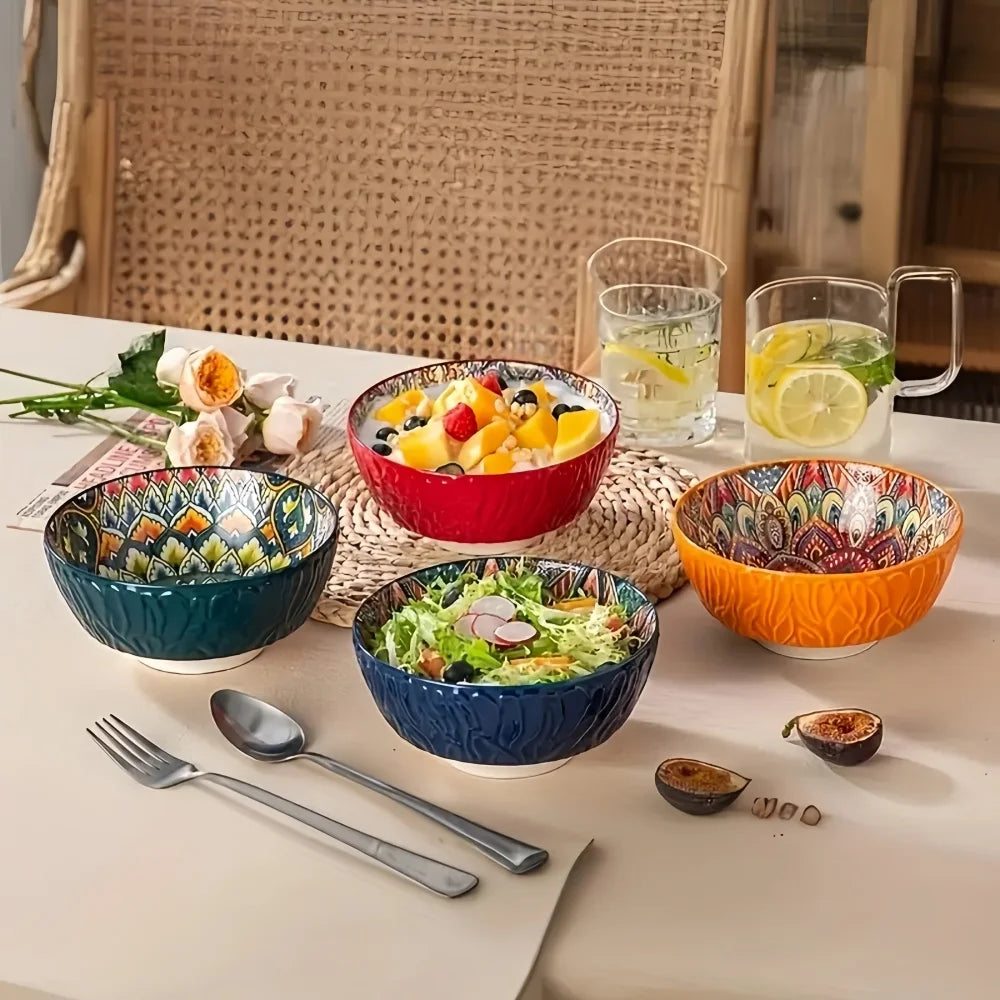 Bohemian Ceramic Bowls Kit Floral Serving Bowls Multi-Use