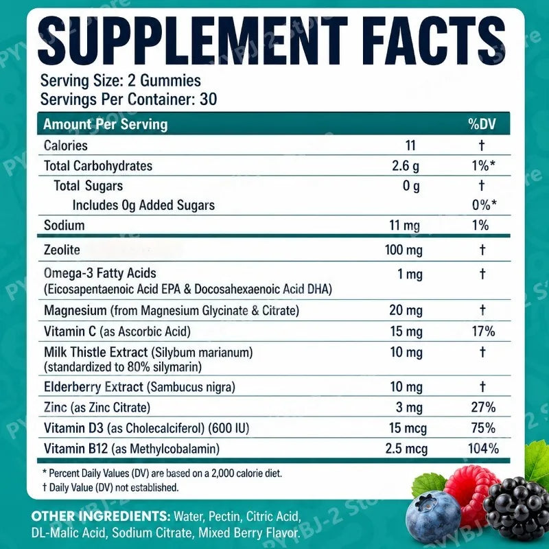 Multivitamin Omega-3 Magnesium Elderberry Immune Support Supplement 2026 – Zeolite Detox Gummies 60 Count
