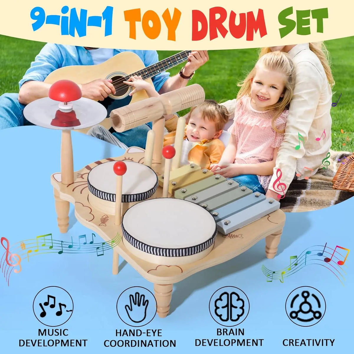 Wooden Xylophone Drum Kit For Toddlers Montessori Musical Toy
