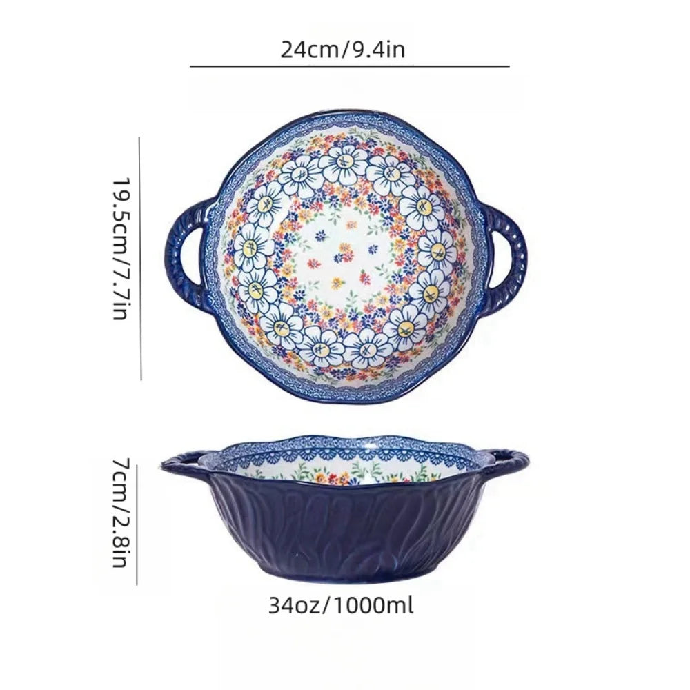 Soup Ceramic Bowl Bohemian Handle Embossed Microwave