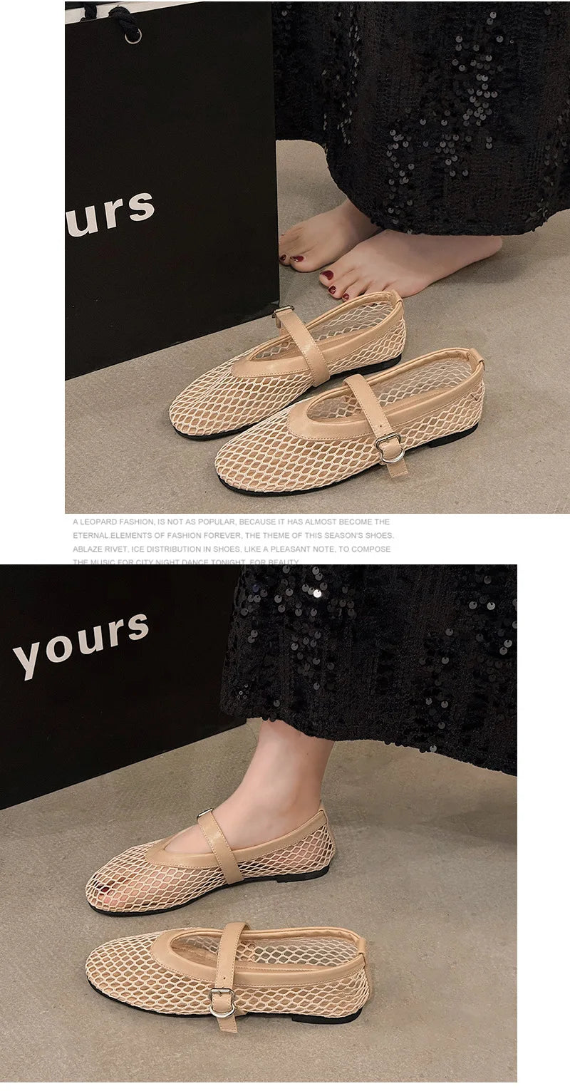 Women Breathable Mesh Ballet Flats - Strappy Round Toe