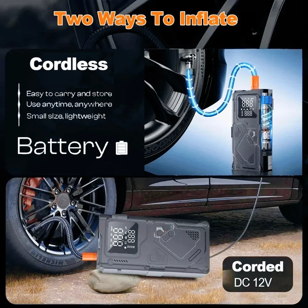 Starter Jump With Air Pump 6 In 1 Car Battery Booster 5000A Peak 150 PSI Tire Inflator 400LM LED Light Fall 2025 Prep