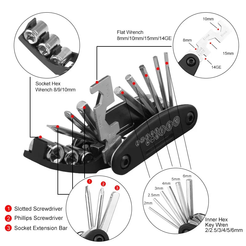 Household Tools Bicycle Repair Multi Device Kit with Screwdriver, Tire Levers & Wrenches