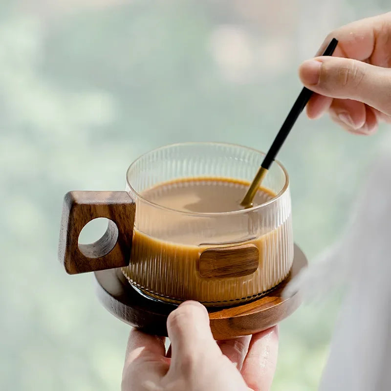 Coffee Mug Kit 250ml Glass With Wooden Handle, Tray And Spoon, Ribbed Tea Cup Casual Fall 2025 Cozy Gift
