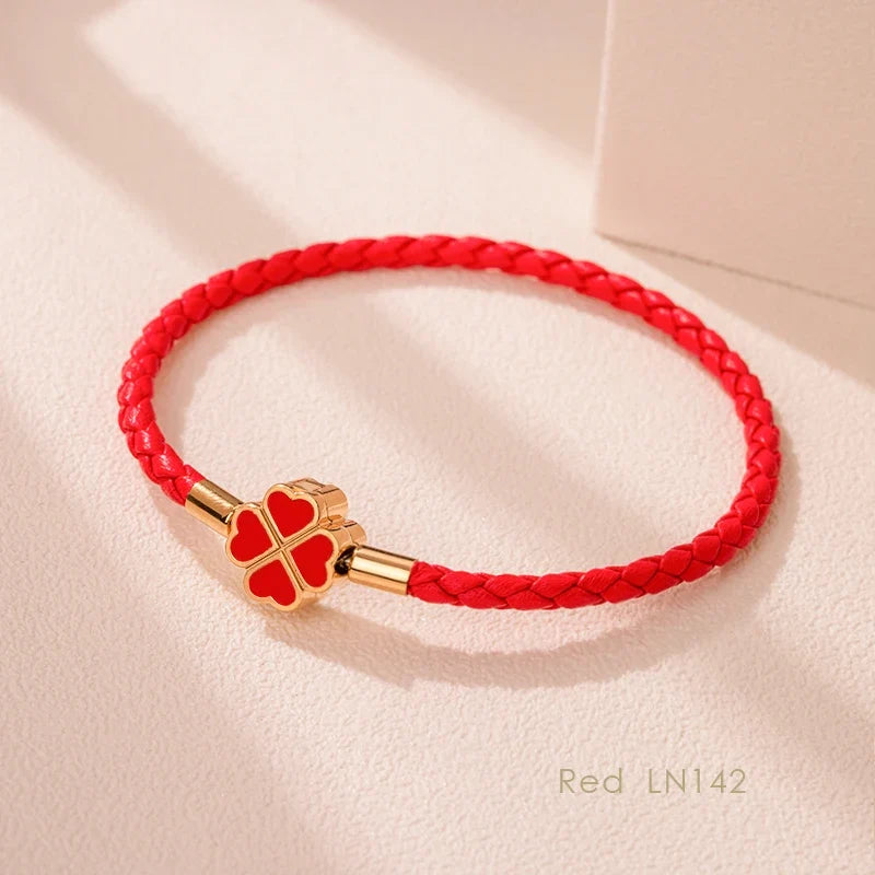 Leaf Four Clover Braided Leather Lucky Bracelet Gift