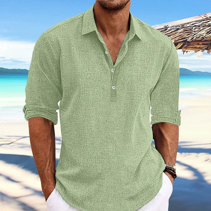 Linen Cotton Long Sleeve Casual Beach Shirt - Turn-Down Collar Social Blouse for Streetwear