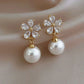 Korean Style Party Jewelry, Fall 2026 Gift Idea – Crystal Flower Earrings Pearl Drop Gold Tone