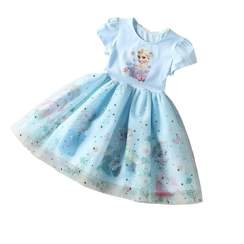 Light Girls' Dress - Short Sleeve, Knee-Length, Flowy, Cotton, Mesh, For Parties