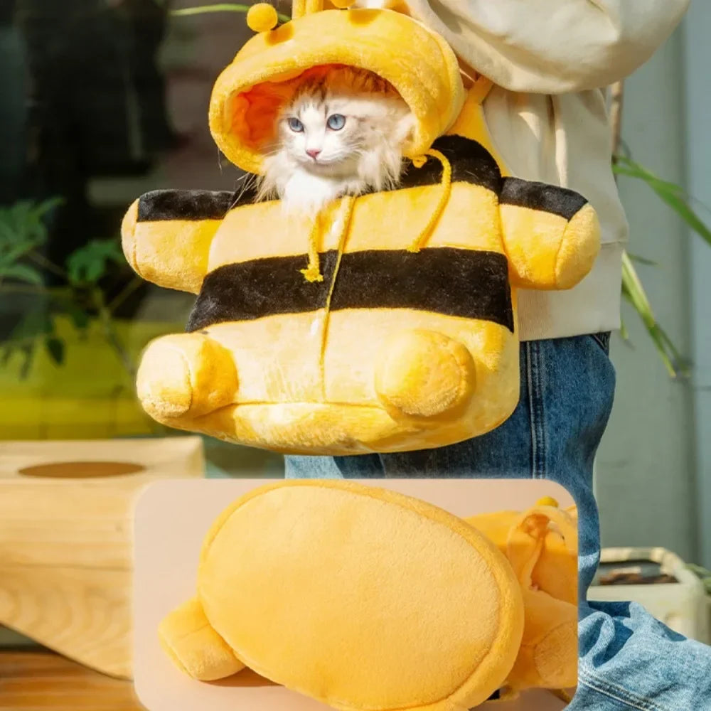 Cute Pet Carrier Bag - Plush Warm Carrier for Cats, Autumn & Winter Outings, Cozy Bee House Toy, Pet Clothes