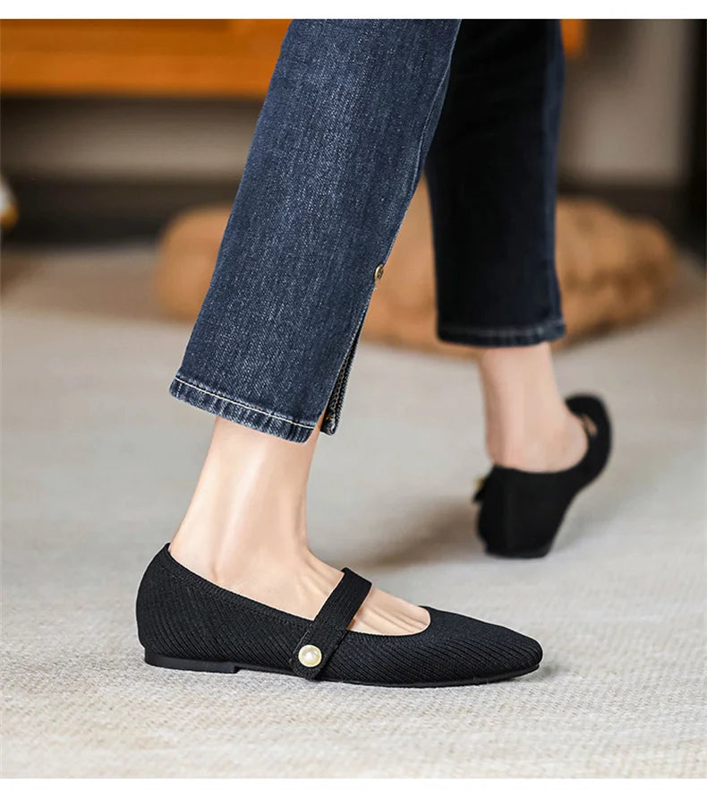 Women Stretchy Mary Jane Flats - Ribbed Knit For Spring