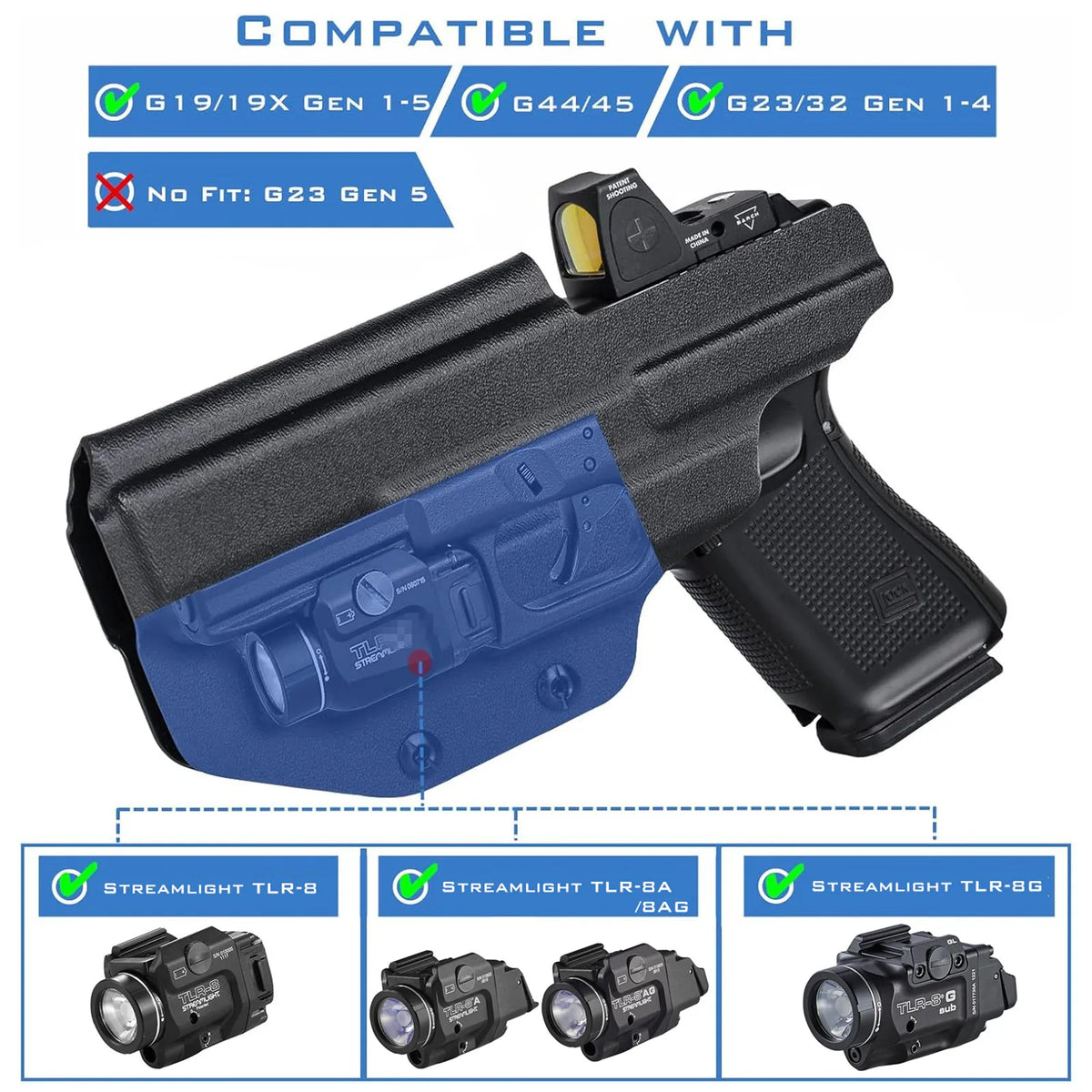 Kydex IWB Holster - TLR-8 Light Compatible, Inside Waistband Concealed Carry, 19 19X 23 25 32 44 45 Compatible