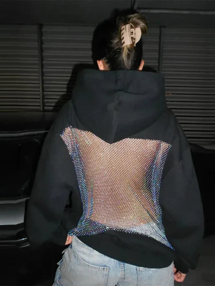 Relaxed Oversized Women’s Hooded Pullover - Boxy Hollow-Back Cut, Blended Fabric With Mesh Back, For Streetwear