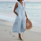 Loose Summer Casual Patchwork Cotton Linen Dress - V Neck Beach Style Midi for Women
