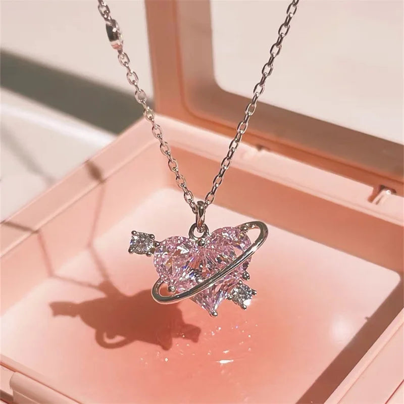 Pendant Zircon Necklace Pink Planet Heart Valentines Day Gift 2026 Aesthetic Jewelry