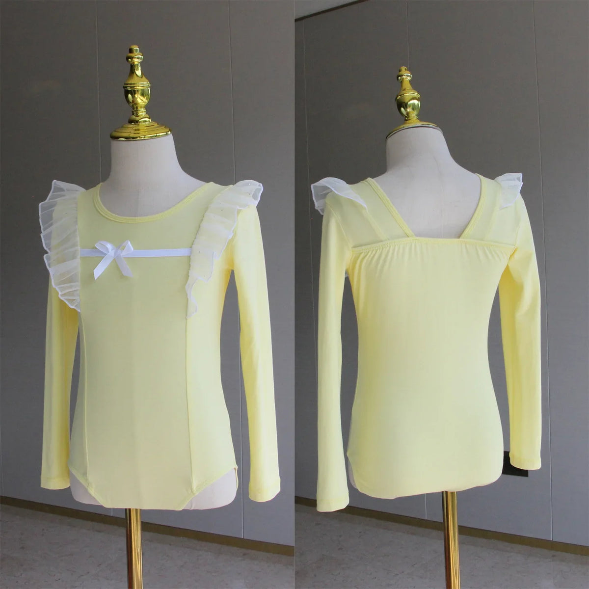 Light girls ballet leotard set - puff-sleeve top, tulle tutu skirt, polyester, for dance class