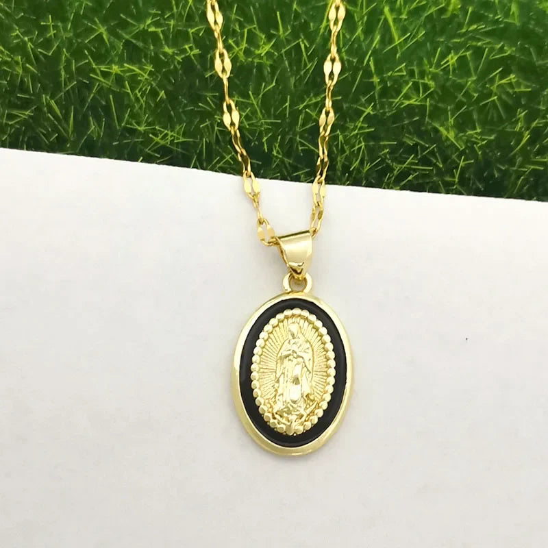 women's Timeless Virgin Mary pendant necklace - 18K gold-plated stainless steel link chain, for everyday wear