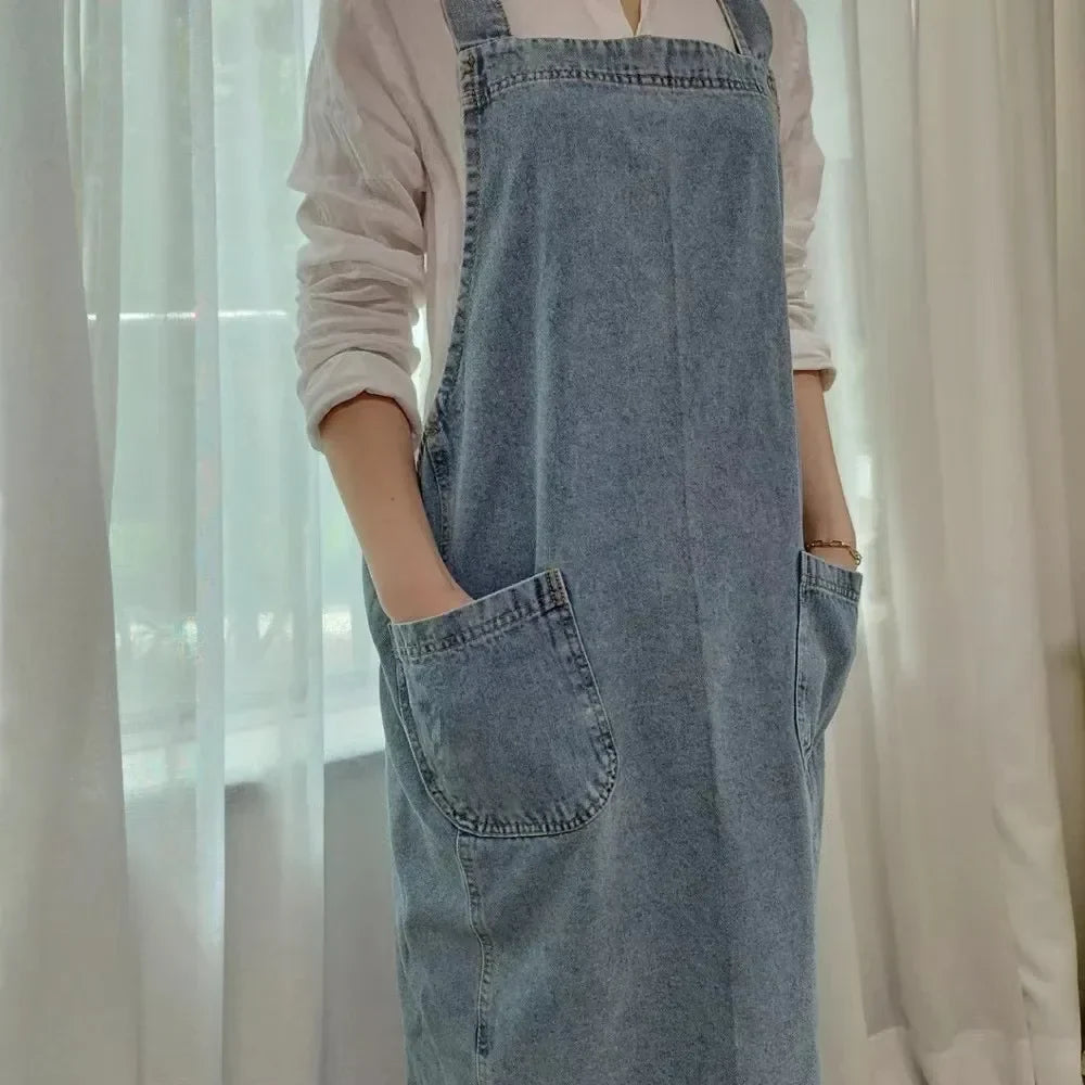 Apron Denim Washed Cotton Canvas Korean Dress Apron Fall 2025 Kitchen Garden Cooking Apron With Pockets