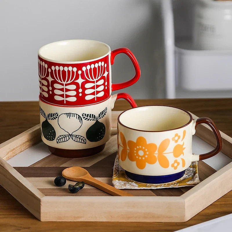 Coffee Mug 300ml Japanese Flower Ceramic Kit Retro Drinkware Office Entertaining Fall 2025 Comfort-Grip Handgrip Gift