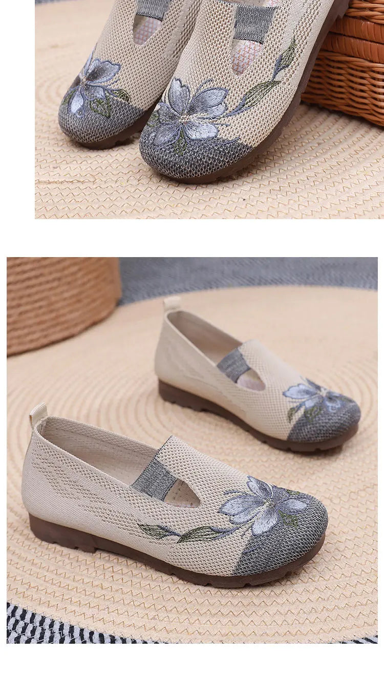 Women’s Breathable Flats - Slip-On Mesh, Embroidered