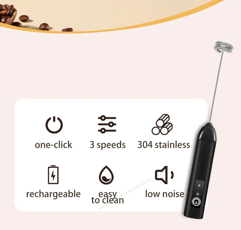 Hand-Held Foam Maker Egg Beater Coffee Drink Wand 2026 – USB Battery-Powered Motor-Driven Milk Frother 3-Speed
