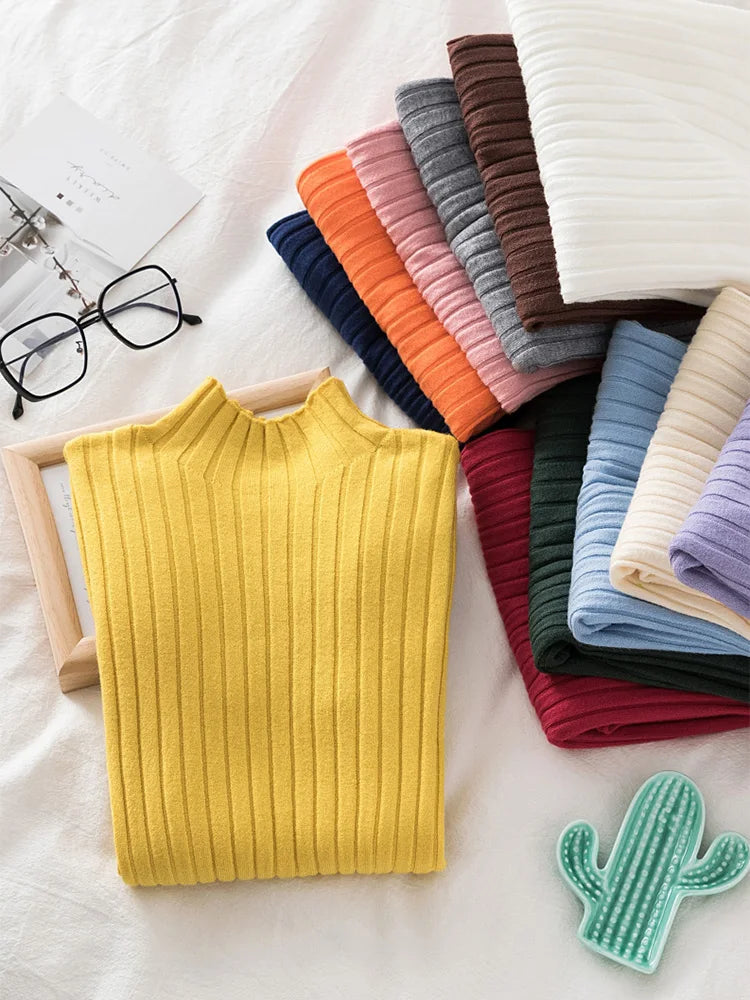 Flattering Stretchy Women Ribbed Sweater - Mock Neck, Knit