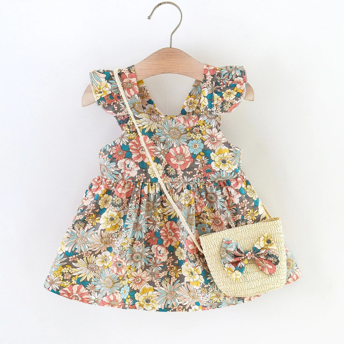 Plush Baby Girl Dress - Timeless Floral Flutter Sleeves, Polyester, With Crossbody Bag, For Ages 0-3