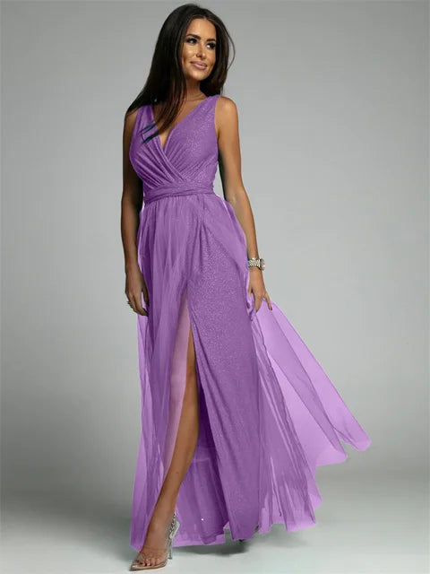 Elegant V-Neck Sleeveless Dress with Slit Hem, Plus Size Formal Wedding Guest Cocktail Dress-4