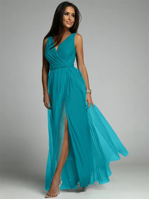 Variant image for Elegant V-Neck Sleeveless Dress with Slit Hem, Plus Size Formal Wedding Guest Cocktail Dress-6