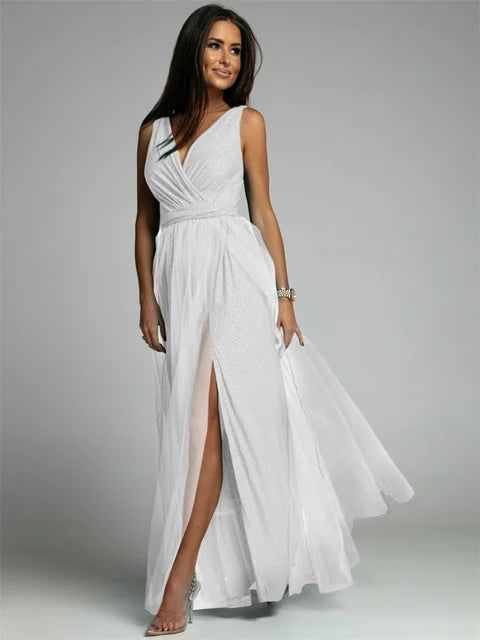 Elegant V-Neck Sleeveless Dress with Slit Hem, Plus Size Formal Wedding Guest Cocktail Dress-5