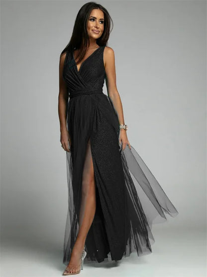 Variant image for Elegant V-Neck Sleeveless Dress with Slit Hem, Plus Size Formal Wedding Guest Cocktail Dress-1
