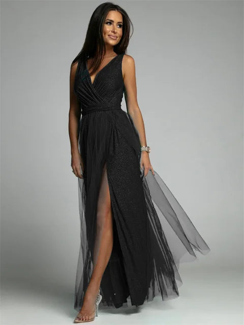 Elegant V-Neck Sleeveless Dress with Slit Hem, Plus Size Formal Wedding Guest Cocktail Dress-1