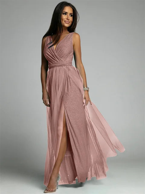 Elegant V-Neck Sleeveless Dress with Slit Hem, Plus Size Formal Wedding Guest Cocktail Dress-2