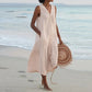 Loose Summer Casual Patchwork Cotton Linen Dress - V Neck Beach Style Midi for Women