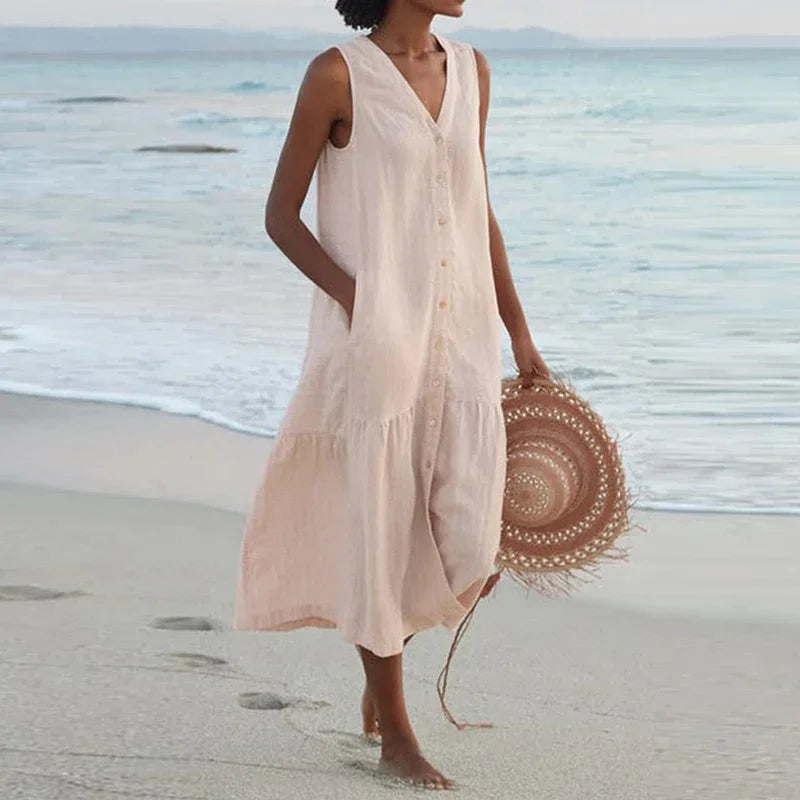 Loose Summer Casual Patchwork Cotton Linen Dress - V Neck Beach Style Midi for Women