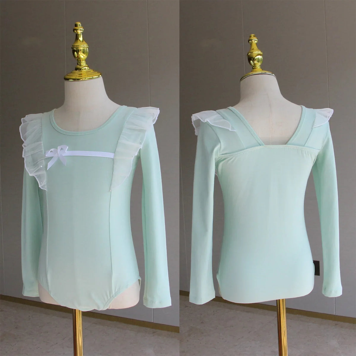 Light girls ballet leotard set - puff-sleeve top, tulle tutu skirt, polyester, for dance class