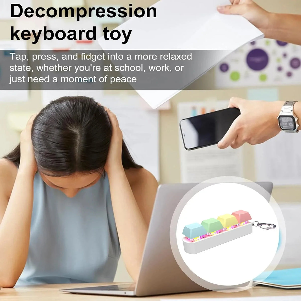 Fidget Keyboard Toy LED Keychain 4 In 1 Stress Relief