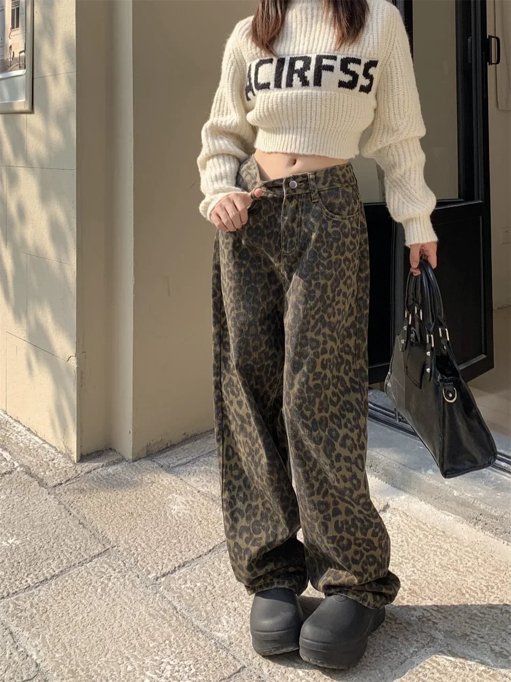 Variant image for High-Waisted Leopard Print Wide Leg Jeans for Women, Trendy Fit in S-XXL Sizes-1