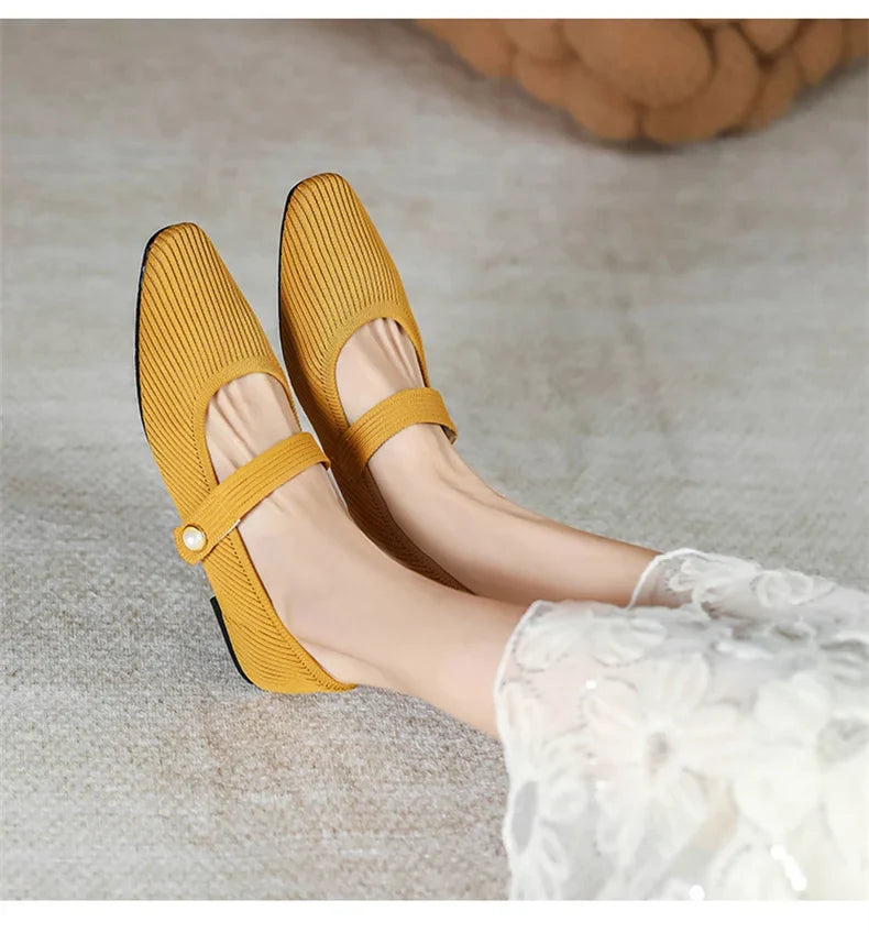 Women Stretchy Mary Jane Flats - Ribbed Knit For Spring