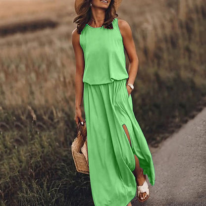 Spring/Summer Women's Trendy Retro Sleeveless Dress, Solid Color Two-Piece Kit