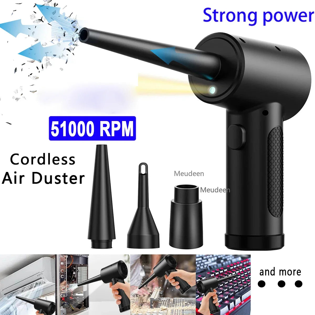 USB Battery-Powered Mini Motor-Driven Compressed Air Duster with Accessories - 51000 RPM Cordless Cleaner for PC, Keyboard, Car, & Electronics