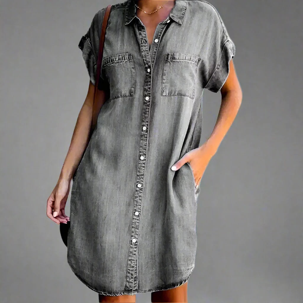 Summer Women's Denim Shirt Dress - Casual Loose Pocket Retro Commuter Office Style