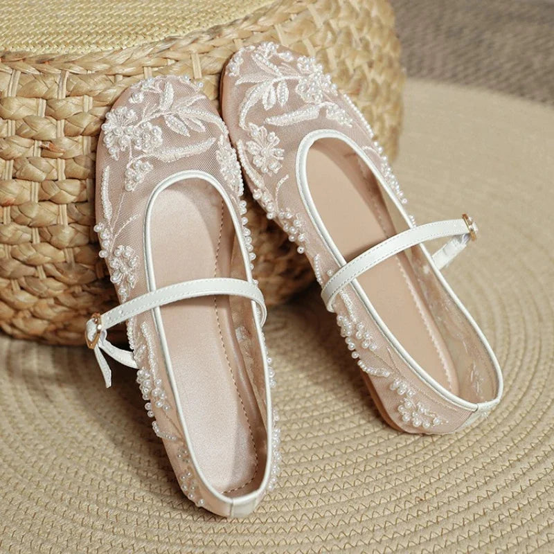 Light Women’s Ballet Flats - Mary Jane Mesh, Beaded