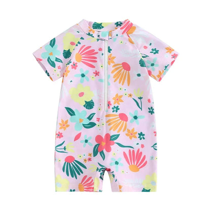 zip-front, short sleeve, floral print, polyester, for summer swimwear – Plush girls’ rash guard romper